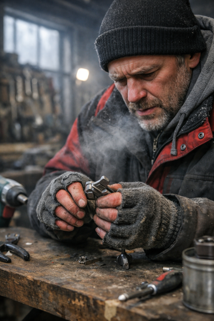 man-in-koude-werkplaats