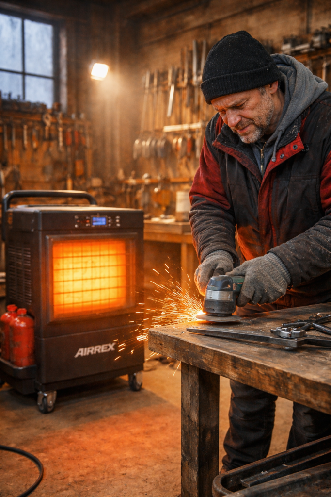 man-in-warme-werkplaats-met-airrex-kachel